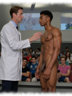 Nackter Dunkelhäutiger bei Vorlesung, Wissenschaftler berührt den nackten Oberkörper. Nackter Dunkelhäutiger bei Vorlesung, Wissenschaftler berührt den nackten Oberkörper.