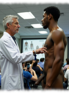 Nackter Dunkelhäutiger bei Vorlesung, Wissenschaftler berührt die Brist. Nackter Dunkelhäutiger bei Vorlesung, Wissenschaftler berührt die Brist.