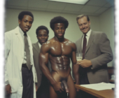 Nackter Dunkelhäutiger in Männerrunde, Hand an seinen Samenjuwelen, leiblicher Tau tropft. Nackter Dunkelhäutiger in Männerrunde, Hand an seinen Samenjuwelen, leiblicher Tau tropft.