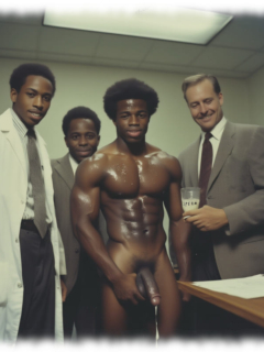 Nackter Dunkelhäutiger in Männerrunde, Hand an seinen Samenjuwelen, leiblicher Tau tropft. Nackter Dunkelhäutiger in Männerrunde, Hand an seinen Samenjuwelen, leiblicher Tau tropft.