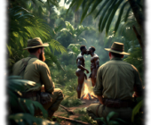 Expedition im Urwald, Eingeborene im Hintergrund Lagerfeuer, küssend mit ausgeprägten Glutzeigern. Expedition im Urwald, Eingeborene im Hintergrund Lagerfeuer, küssend mit ausgeprägten Glutzeigern.