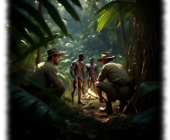 Expedition im Urwald, Eingeborene im Hintergrund nackt am Lagerfeuer, Expedition im Urwald, Eingeborene im Hintergrund nackt am Lagerfeuer,