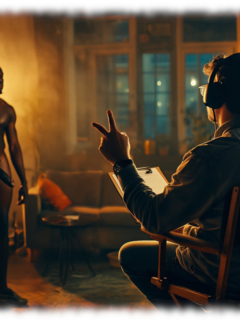 Dunkelhäutiger Mann vor Regisseur am Film-Set. stolzer Schaft der Sehnsucht im Schatten. Dunkelhäutiger Mann vor Regisseur am Film-Set. stolzer Schaft der Sehnsucht im Schatten.