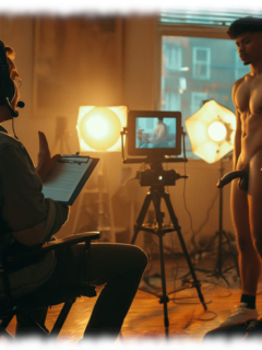 Junge Männer vor Regisseur am Film-Set. einer nackt mit sich aufrichtenden Luststab. Junge Männer vor Regisseur am Film-Set. einer nackt mit sich aufrichtenden Luststab.