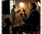 Dunkelhäutiger Mann im Studio vor Regisseur knieend, dieser mit massiver Erregungsrute. Dunkelhäutiger Mann im Studio vor Regisseur knieend, dieser mit massiver Erregungsrute.