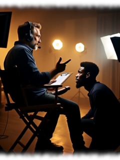 Dunkelhäutiger Mann im Studio vor Regisseur knieend, dieser mit sichtbarem unerschütterlichen Mast. Dunkelhäutiger Mann im Studio vor Regisseur knieend, dieser mit sichtbarem unerschütterlichen Mast.