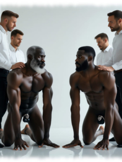 Zwei dunkelhäutige Manner neben Weißen knieend, ihre Schöpferstäbe im Käfig gefangen. Zwei dunkelhäutige Manner neben Weißen knieend, ihre Schöpferstäbe im Käfig gefangen.