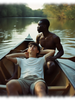 Zwei Twinks im Boot, sinnlich blickend, leicht aneinander angelehnt. Zwei Twinks im Boot, sinnlich blickend, leicht aneinander angelehnt.