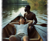 Zwei Twinks im Boot, sinnlich blickend, leicht aneinander angelehnt. Zwei Twinks im Boot, sinnlich blickend, leicht aneinander angelehnt.