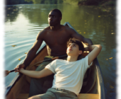 Zwei Twinks im Boot, sinnlich blickend, fassen sich bei den Händen. Zwei Twinks im Boot, sinnlich blickend, fassen sich bei den Händen.