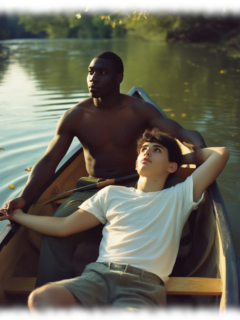 Zwei Twinks im Boot, sinnlich blickend, fassen sich bei den Händen. Zwei Twinks im Boot, sinnlich blickend, fassen sich bei den Händen.