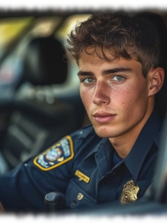 Portrait, Rookie in Uniform im Streifenwagen sitzend. Portrait, Rookie in Uniform im Streifenwagen sitzend.