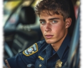 Portrait, Rookie in Uniform im Streifenwagen sitzend. Portrait, Rookie in Uniform im Streifenwagen sitzend.