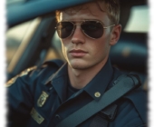 Portrait, Rookie mit Sonnenbrille in Uniform im Streifenwagen sitzend. Portrait, Rookie mit Sonnenbrille in Uniform im Streifenwagen sitzend.