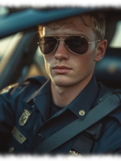 Portrait, Rookie mit Sonnenbrille in Uniform im Streifenwagen sitzend. Portrait, Rookie mit Sonnenbrille in Uniform im Streifenwagen sitzend.