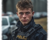 Portrait, Rookie in Uniform und Schussweste vor Streifenwagen stehend. Portrait, Rookie in Uniform und Schussweste vor Streifenwagen stehend.