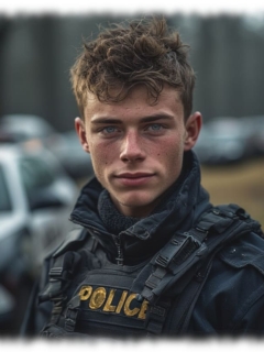 Portrait, Rookie in Uniform und Schussweste vor Streifenwagen stehend. Portrait, Rookie in Uniform und Schussweste vor Streifenwagen stehend.