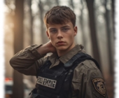 Portrait, Rookie in Felddienst-Uniform und Schussweste im Wald stehend. Portrait, Rookie in Felddienst-Uniform und Schussweste im Wald stehend.
