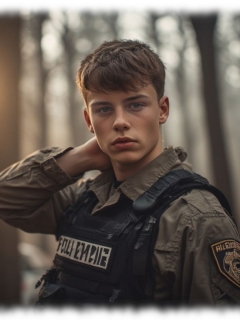 Portrait, Rookie in Felddienst-Uniform und Schussweste im Wald stehend. Portrait, Rookie in Felddienst-Uniform und Schussweste im Wald stehend.