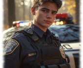 Portrait, Rookie in Uniformjacke und Schussweste an Streifenwagen stehend. Portrait, Rookie in Uniformjacke und Schussweste an Streifenwagen stehend.