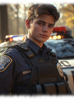 Portrait, Rookie in Uniformjacke und Schussweste an Streifenwagen stehend. Portrait, Rookie in Uniformjacke und Schussweste an Streifenwagen stehend.