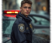 Seitenprofil, Rookie in Uniformjacke an Streifenwagen stehend. Seitenprofil, Rookie in Uniformjacke an Streifenwagen stehend.