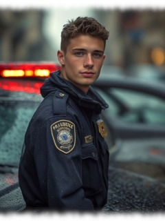 Seitenprofil, Rookie in Uniformjacke an Streifenwagen stehend. Seitenprofil, Rookie in Uniformjacke an Streifenwagen stehend.