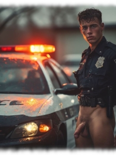 Junger Officer in Uniformbluse an Streifenwagen stehend, zeigt sein Lustpendel und die Fruchtknollen. Junger Officer in Uniformbluse an Streifenwagen stehend, zeigt sein Lustpendel und die Fruchtknollen.