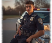 Junger Cop an Streifenwagen gelehnt, sein aufstrebender Titan schiebt sich durch die offene Hose. Junger Cop an Streifenwagen gelehnt, sein aufstrebender Titan schiebt sich durch die offene Hose.