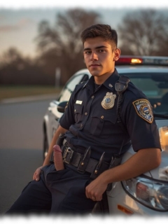 Junger Cop an Streifenwagen gelehnt, sein aufstrebender Titan schiebt sich durch die offene Hose. Junger Cop an Streifenwagen gelehnt, sein aufstrebender Titan schiebt sich durch die offene Hose.