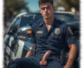 Junger Cop an Streifenwagen gelehnt, das aufgerichtete Verlangen und die Lebensperlen aus geöffneter Hose. Junger Cop an Streifenwagen gelehnt, das aufgerichtete Verlangen und die Lebensperlen aus geöffneter Hose.