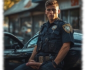 Junger Cop an Streifenwagen angelehnt hält seine glühende Lanze der Lust in der Hand. Junger Cop an Streifenwagen angelehnt hält seine glühende Lanze der Lust in der Hand.