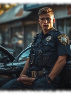 Junger Cop an Streifenwagen angelehnt hält seine glühende Lanze der Lust in der Hand. Junger Cop an Streifenwagen angelehnt hält seine glühende Lanze der Lust in der Hand.