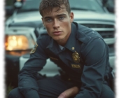 Junger Cop vor Streifenwagen hockend, seine aufsteigende Säule dringt durch offene Hose. Junger Cop vor Streifenwagen hockend, seine aufsteigende Säule dringt durch offene Hose.