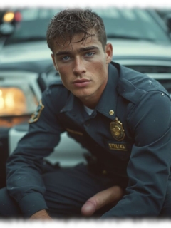 Junger Cop vor Streifenwagen hockend, seine aufsteigende Säule dringt durch offene Hose. Junger Cop vor Streifenwagen hockend, seine aufsteigende Säule dringt durch offene Hose.