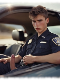 Rookie im Streifenwagen mit strengem Blick zeigt seinen unerschütterlichen Mast durch geöffnete Hose. Rookie im Streifenwagen mit strengem Blick zeigt seinen unerschütterlichen Mast durch geöffnete Hose.