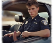 Rookie im Streifenwagen mit strengem Blick zeigt seinen unerschütterlichen Mast durch geöffnete Hose. Rookie im Streifenwagen mit strengem Blick zeigt seinen unerschütterlichen Mast durch geöffnete Hose.