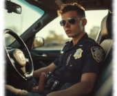 Rookie mit Sonnenbrille im Streifenwagen, die aufsteigende Säule und die frechen Brüder drängen aus offener Hose. Rookie mit Sonnenbrille im Streifenwagen, die aufsteigende Säule und die frechen Brüder drängen aus offener Hose.