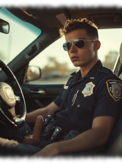 Rookie mit Sonnenbrille im Streifenwagen, die aufsteigende Säule und die frechen Brüder drängen aus offener Hose. Rookie mit Sonnenbrille im Streifenwagen, die aufsteigende Säule und die frechen Brüder drängen aus offener Hose.