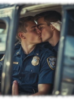 Zwei küssende Rookies im Streifenwagen, einer mit aufgerichtetem Kelch der Lust. Zwei küssende Rookies im Streifenwagen, einer mit aufgerichtetem Kelch der Lust.