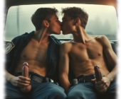 Zwei küssende Rookies im Streifenwagen, beide halten ihre eisernen Zepter in der Hand. Zwei küssende Rookies im Streifenwagen, beide halten ihre eisernen Zepter in der Hand.