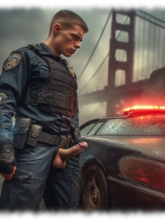 Junger Cop am Streifenwagen vor Golden Gate Bridge, geöffnete Hose lässt den aufstrebenden Titan frei. Junger Cop am Streifenwagen vor Golden Gate Bridge, geöffnete Hose lässt den aufstrebenden Titan frei.