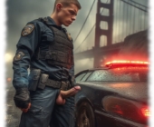 Junger Cop am Streifenwagen vor Golden Gate Bridge, geöffnete Hose lässt den aufstrebenden Titan frei. Junger Cop am Streifenwagen vor Golden Gate Bridge, geöffnete Hose lässt den aufstrebenden Titan frei.