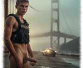 Rookie mit Schussweste, Liebesstab zeigt nach vorn, Golden Gate Bridge im Hintergrund. Rookie mit Schussweste, Liebesstab zeigt nach vorn, Golden Gate Bridge im Hintergrund.