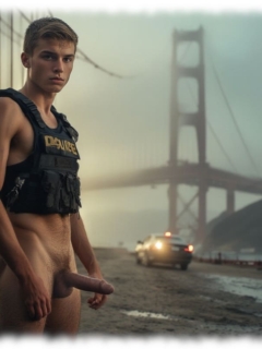 Rookie mit Schussweste, Liebesstab zeigt nach vorn, Golden Gate Bridge im Hintergrund. Rookie mit Schussweste, Liebesstab zeigt nach vorn, Golden Gate Bridge im Hintergrund.