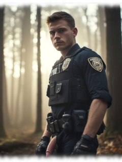 Cop mit offener Hose im Wald stehend, seine Rosenranke der Leidenschaft hängt heraus. Cop mit offener Hose im Wald stehend, seine Rosenranke der Leidenschaft hängt heraus.