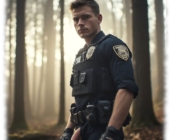 Cop mit offener Hose im Wald stehend, seine Rosenranke der Leidenschaft hängt heraus. Cop mit offener Hose im Wald stehend, seine Rosenranke der Leidenschaft hängt heraus.