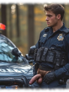 Cop mit offener Hose am Streifenwagen, dunkler Schamstreifen über seinem Herold der Liebe. Cop mit offener Hose am Streifenwagen, dunkler Schamstreifen über seinem Herold der Liebe.