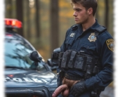 Cop mit offener Hose am Streifenwagen, dunkler Schamstreifen über seinem Herold der Liebe. Cop mit offener Hose am Streifenwagen, dunkler Schamstreifen über seinem Herold der Liebe.