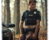 Junger Officer am Streifenwagen mit geöffneter Hose, massives Lustpendel hängt frei. Junger Officer am Streifenwagen mit geöffneter Hose, massives Lustpendel hängt frei.